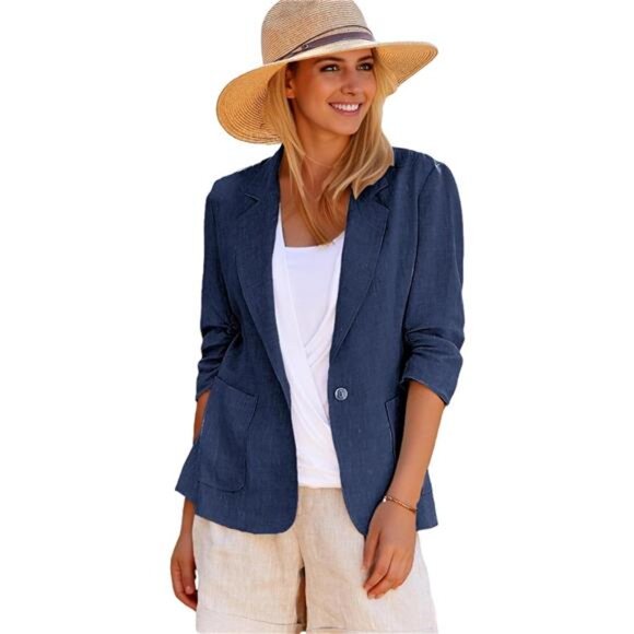 Summer Women's Linen Blazer 3/4 Ruched Sleeve Lightweight